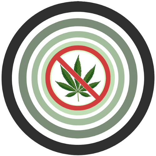 Marijuana leaf with a red circle and line through it, indicating no cannabis use, over green concentric circles