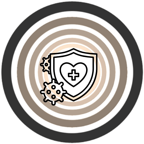 Immune system protection icon with virus symbols over concentric circles in neutral tones